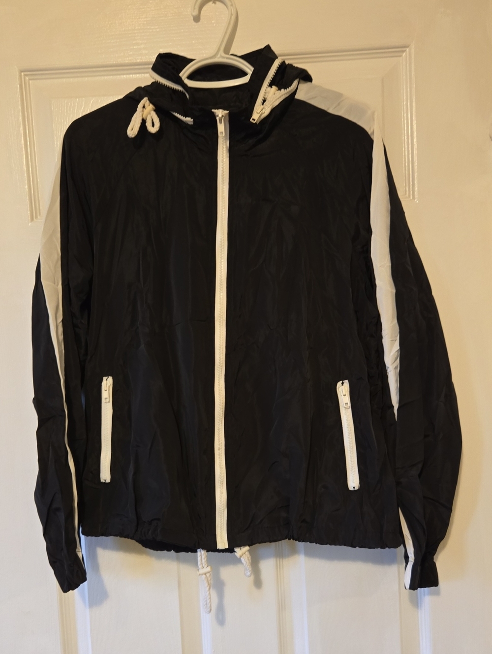 SHEIN Black Jacket with White Trim Hooded Bomber